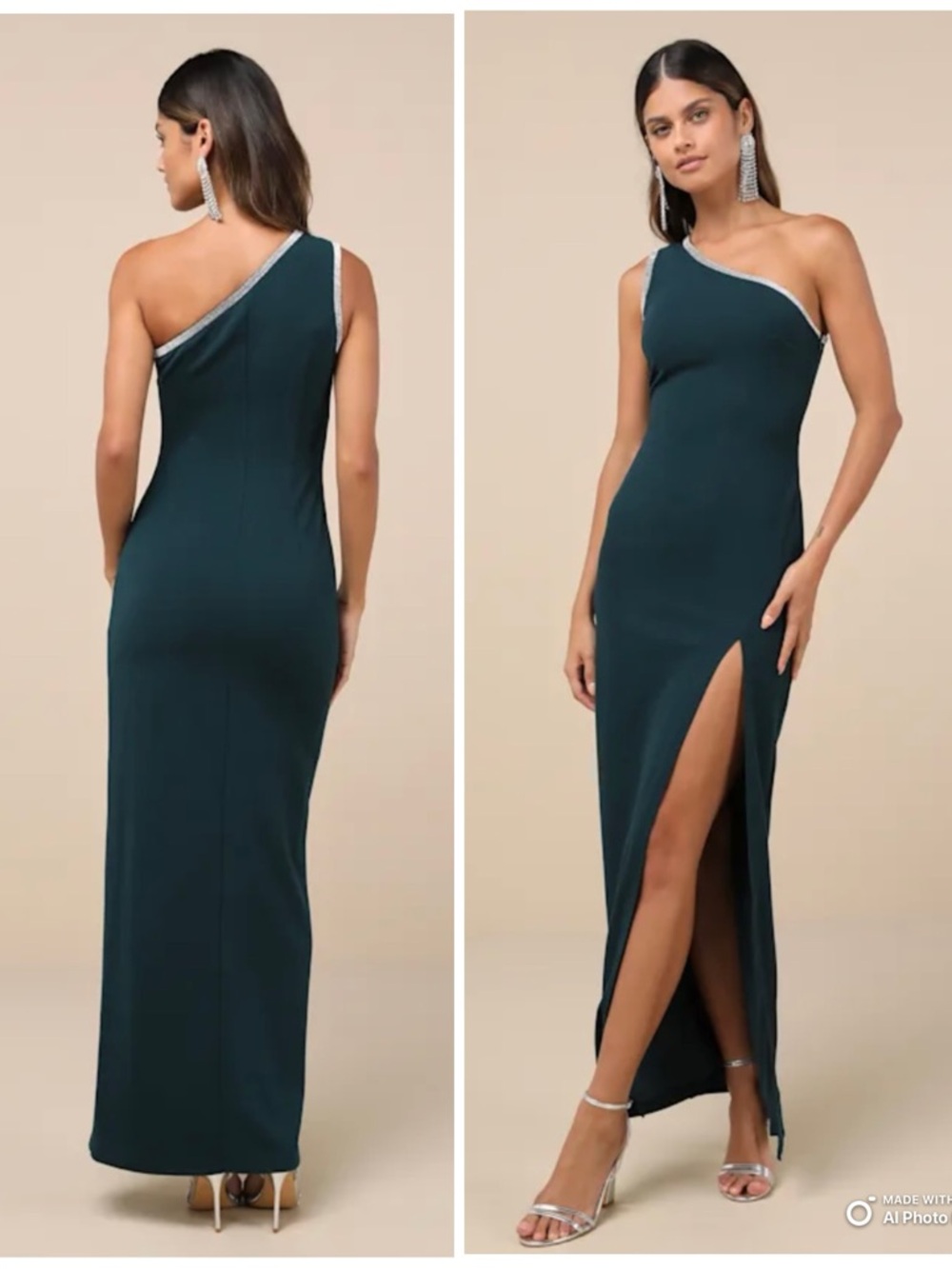 Lulus Medium Glamorous Muse Emerald Green Rhinestone One-Shoulder Maxi Dress NWT
